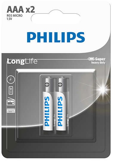 Philips AAA R03 Zinc Carbon Batteries 1.5v 2-Pack