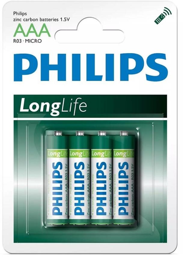 Philips AAA / R03 Zinc Chloride Batteries 1.5v 4-Pack
