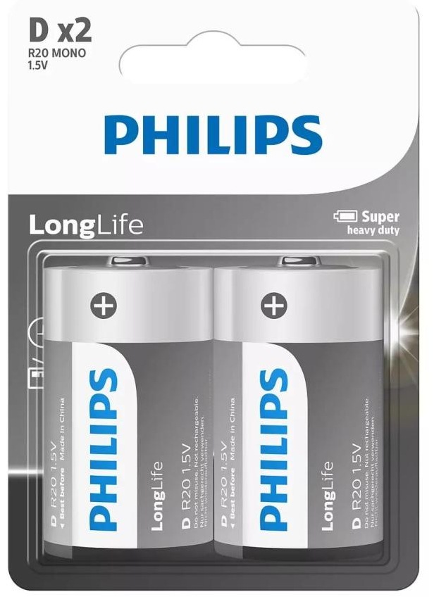 Philips D / R20 Zinc Chloride 1.5v Batteries Dual Pack